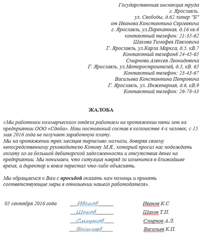 Жалоба в инспекцию по труду образец