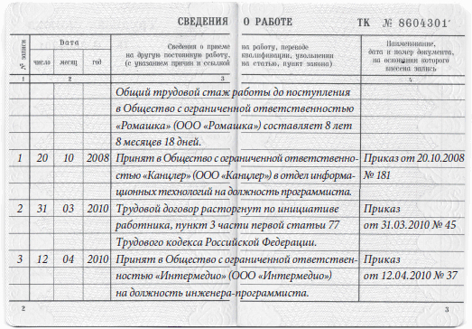 Образец заполнения дубликата трудовой